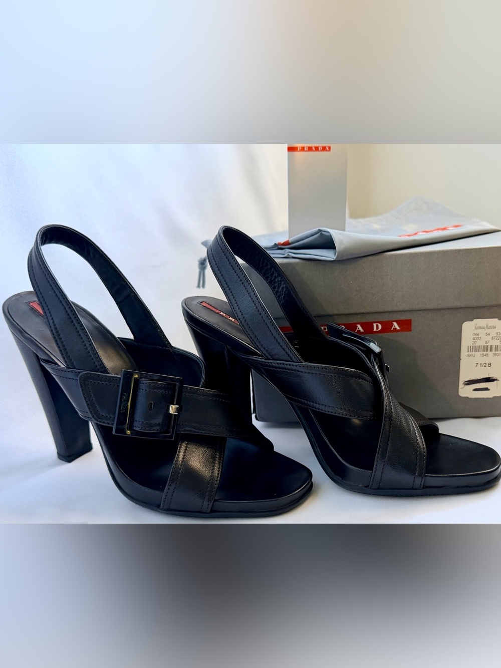 Prada Sport Vintage Y2K Black Leather Buckle Slingback Heel Sandals 37.5 box bag